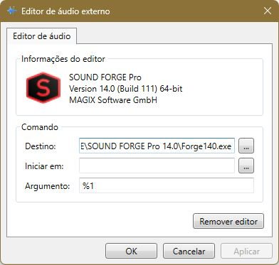 Configuração do editor de áudio externo do WAVESampler com informações do editor, destino, pasta inicial e argumento