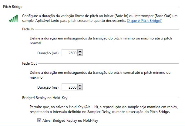 Configurações globais do Pitch Bridge no WAVESampler, com Fade In, Fade Out e Bridged Replay no Hold-Key