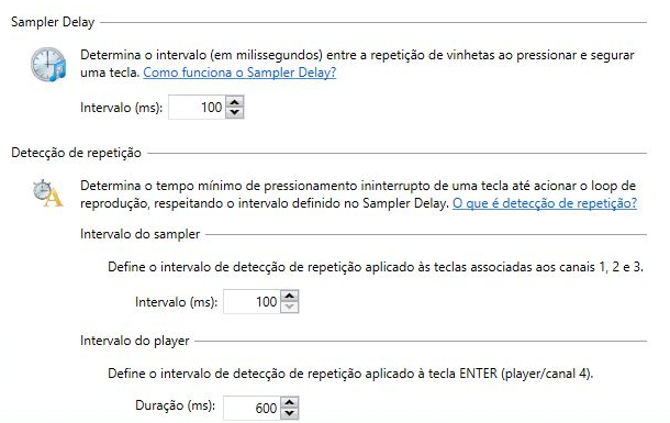 Configurações de Sampler Delay e Detecção de repetição do WAVESampler, com intervalos separados para sampler e player