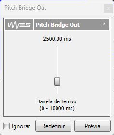 Janela Pitch Bridge Out do Editor de Sample, com faixa de 0 a 10000 milissegundos e botões Ignorar, Redefinir e Prévia