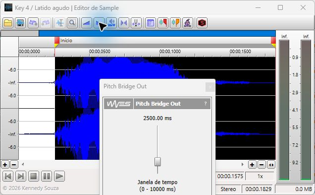 Editor de Sample do WAVESampler com a janela de ajuste Pitch Bridge Out aberta