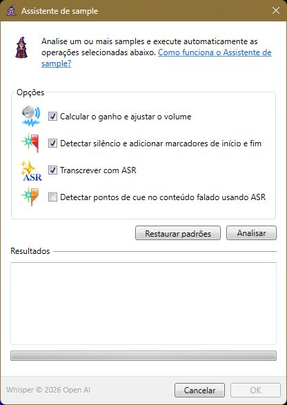 Assistente de Sample com opções de ganho, detecção de silêncio, transcrição ASR e detecção de cues