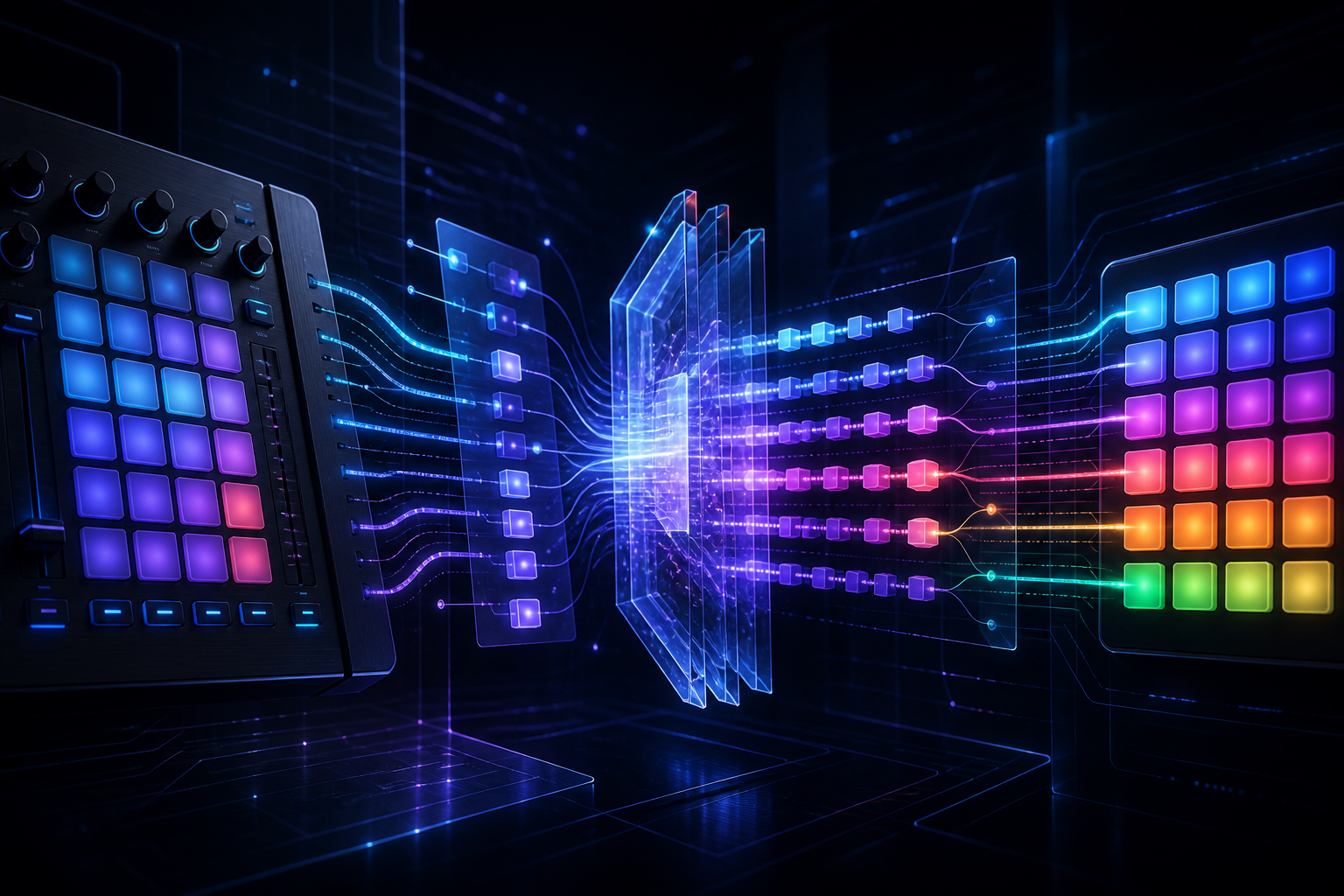 Arte abstrata high-tech de um mapa JSON traduzindo comandos MIDI em ações e feedback luminoso do WAVESampler